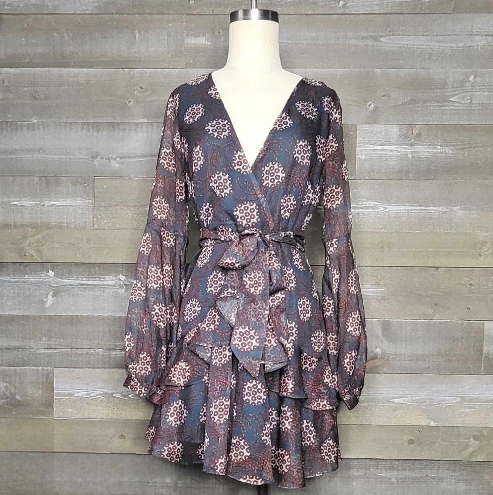 Saints + Secrets Sheer Balloon Sleeve Tiered Floral Print Mini Dress
